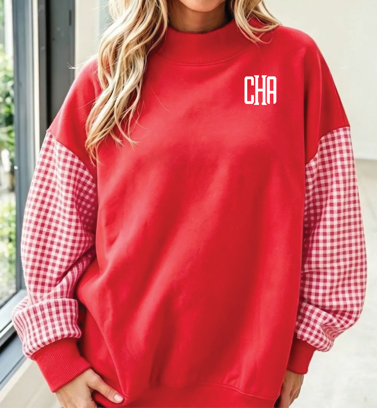CHA Red Gingham Mockneck