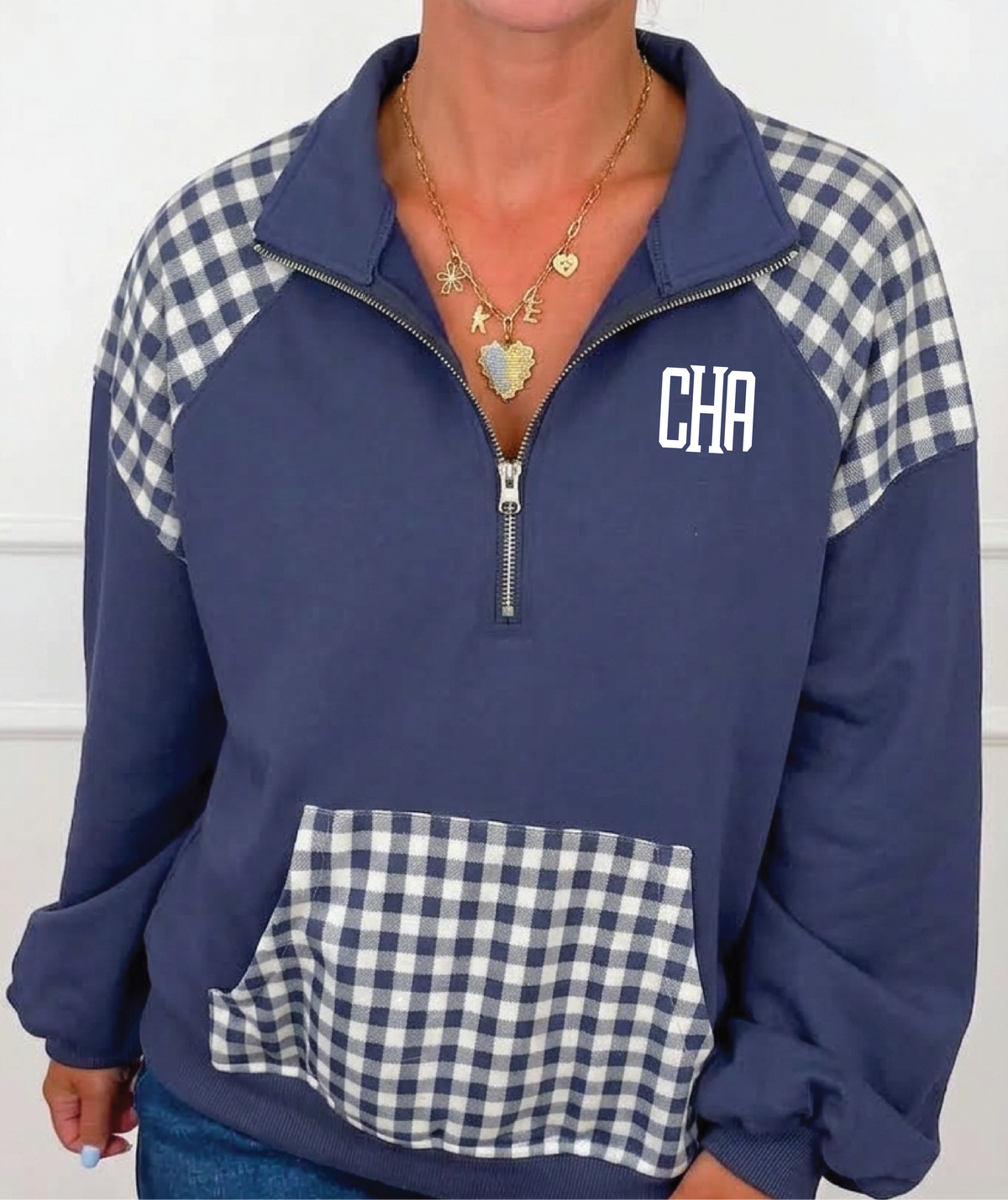 CHA Navy Gingham Quarter Zip